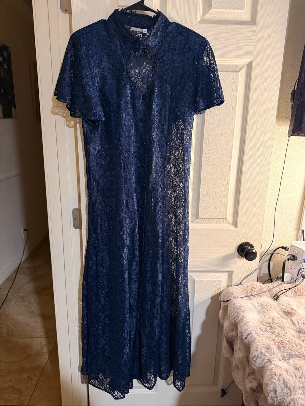 Joni Blair Vintage Navy Blue Lace Sheer Maxi Dress Corset Back Size 16